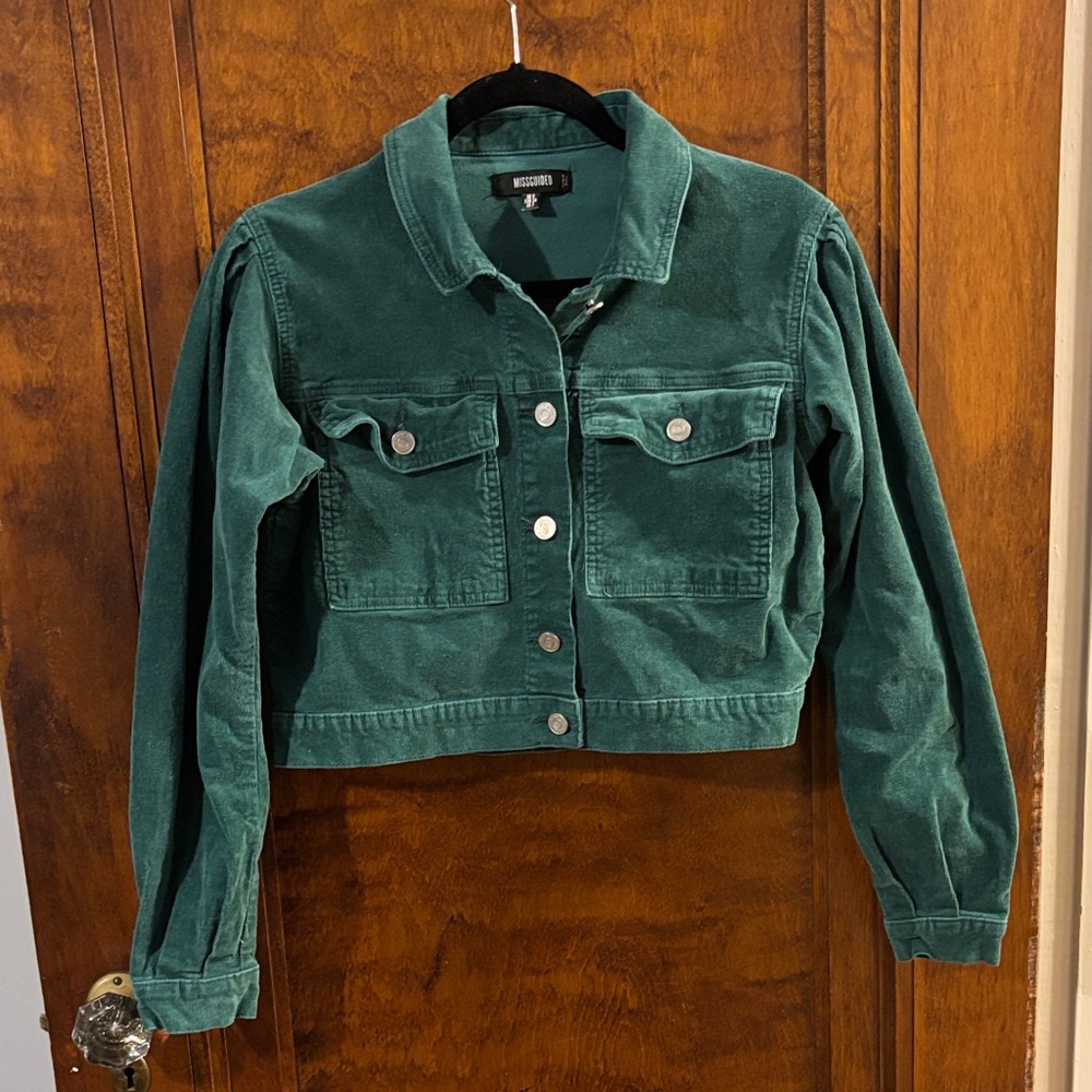 Missguided Forest Green Cropped Corduroy Button Up Jacket Size 2